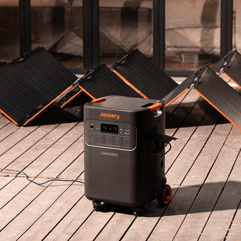 Jackery Explorer 5000 Plus with SolarSaga panels on a deck